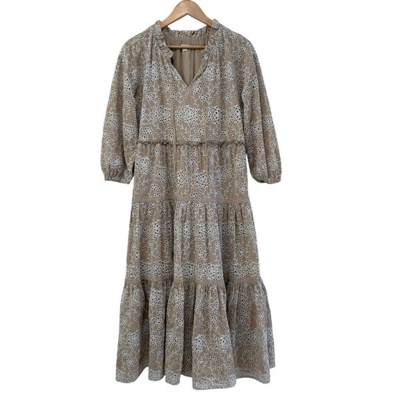 Chico’s Boho Tan White Eyelet Tiered Ruffle Midi Maxi Dress Size 1 US 8 Neutral - Picture 3 of 10